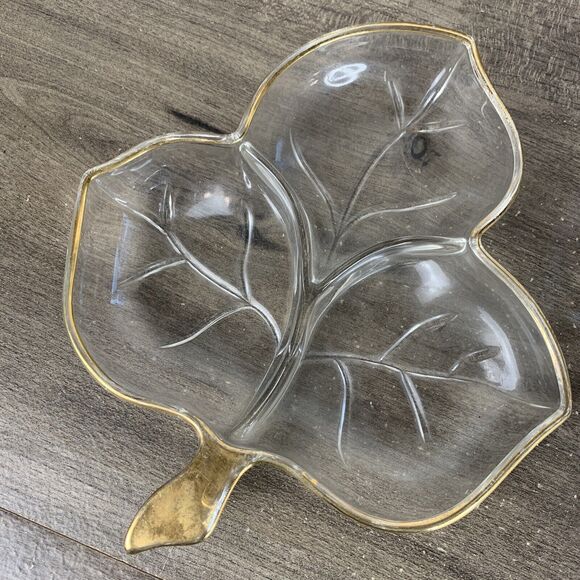 VTG Candy Glass Maple Leaf & Oval Dish with Gold Trim Set of 2 Clear Plates - Picture 2 of 10